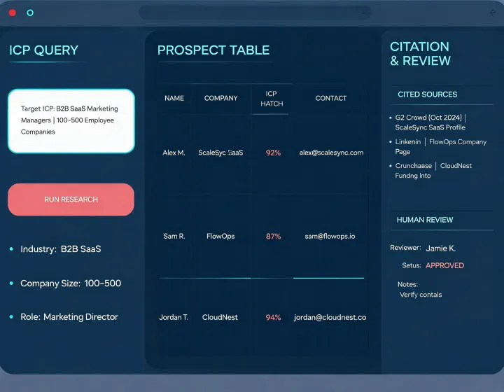 AI agent prospecting research interface with evidence columns